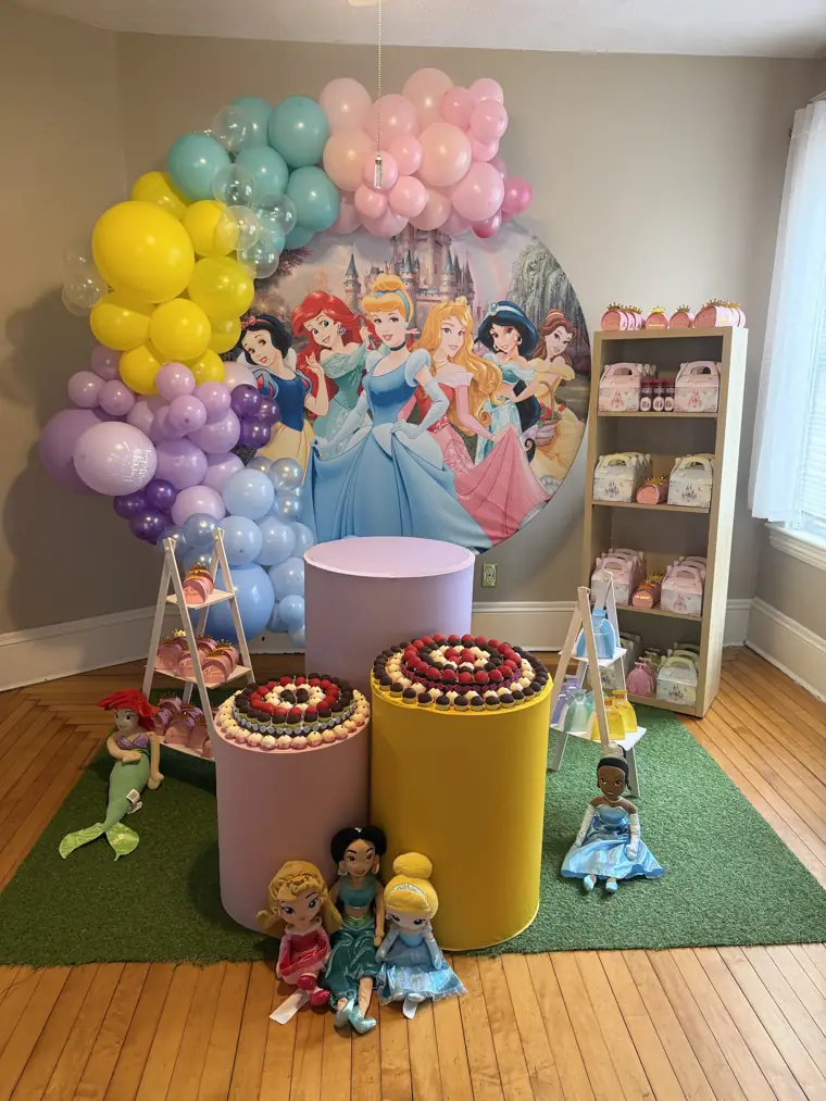Festa infantil das princesas: arco de balões lilás, amarelo e rosa, painel redondo e cilindros com bolos